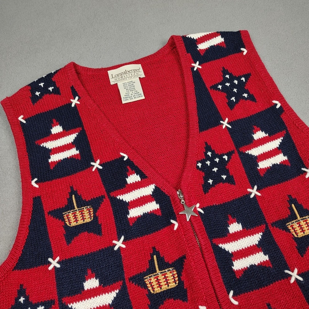 Longaberger Basket Knit Sweater Vest Women Large Red Zip Up Americana Vintage EC